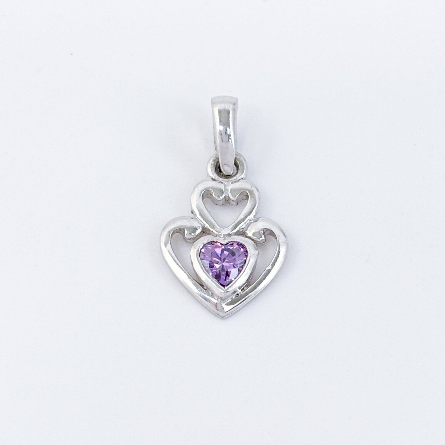 Vintage Sterling Silver 925 Double Heart Purple Cubic Zirconia Pendant