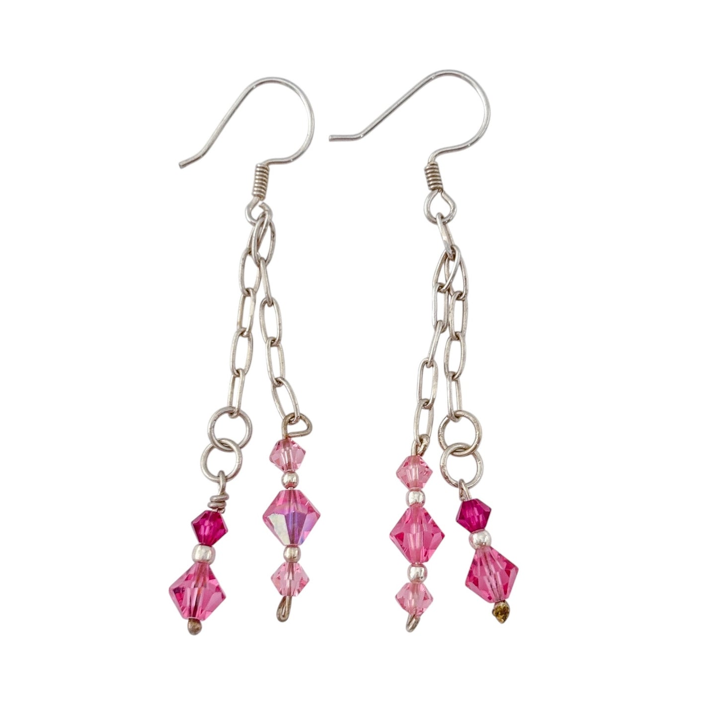 Vintage Sterling Silver 925 Pink Crystal Chain Dangle Earrings