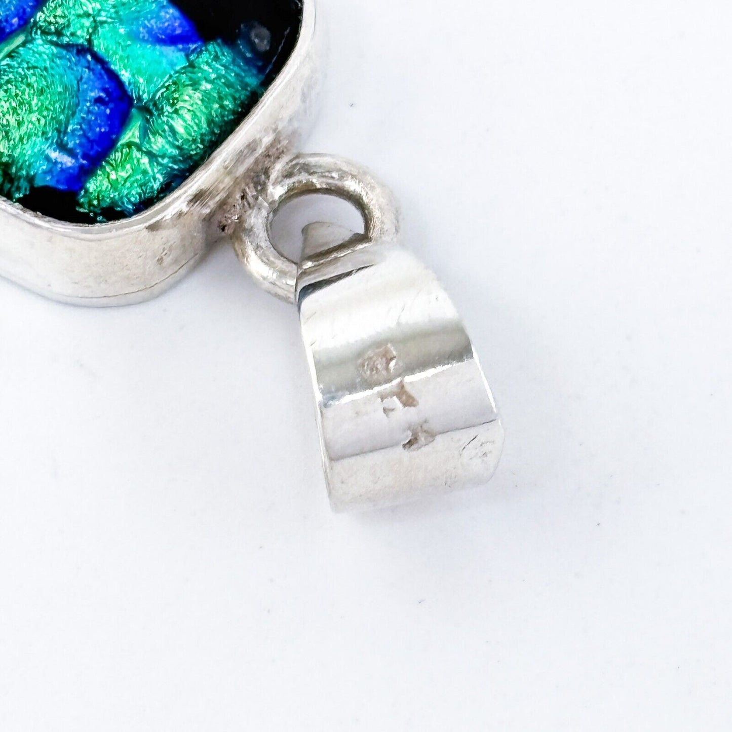 Vintage Artisan Sterling Silver 925 Blue Green Dichroic Glass Pendant