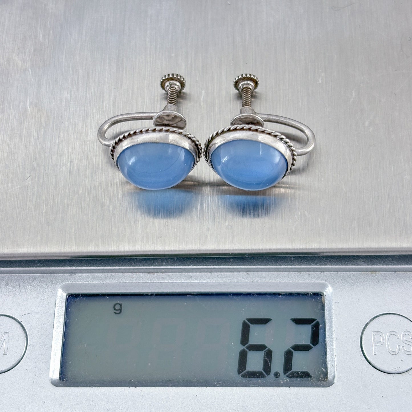 Vintage Sterling Silver 925 Blue Chalcedony Screw Back Earrings