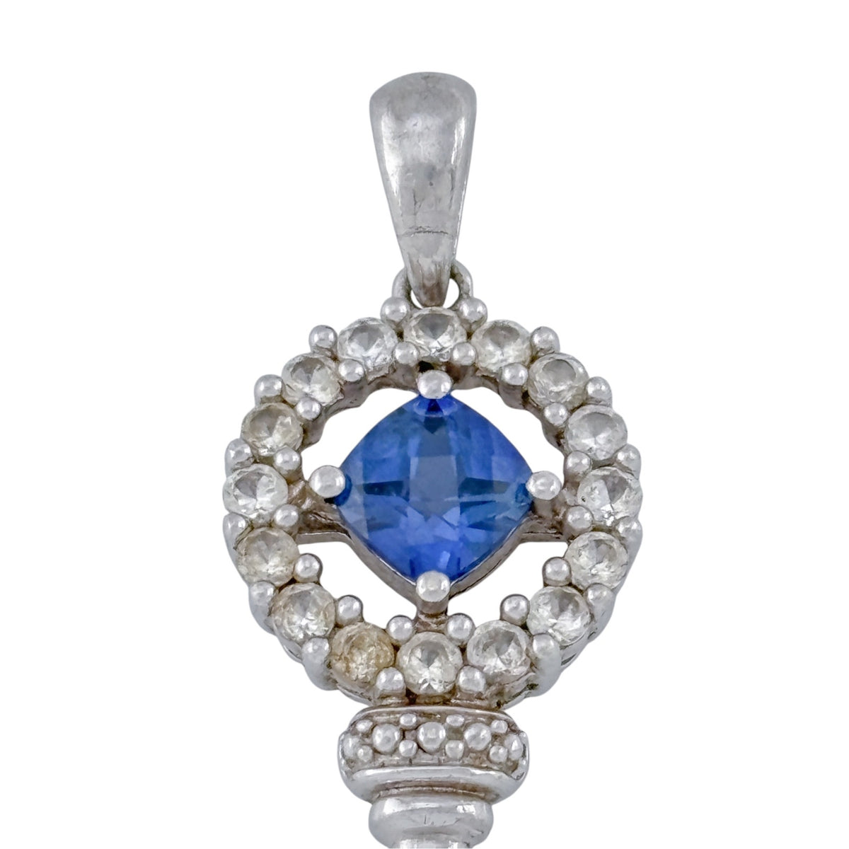 Vintage Sterling Silver 925 Lab Created Blue & White Sapphire Key Pendant