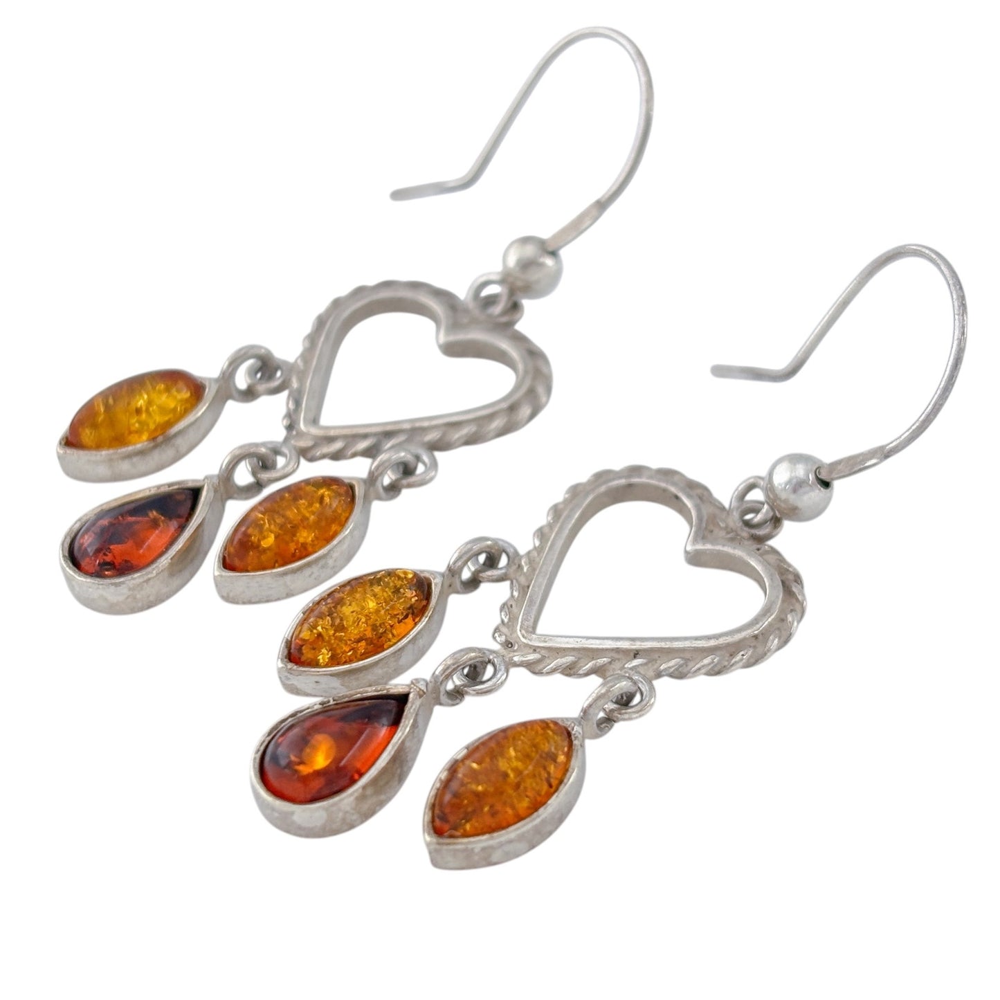 Vintage Sterling Silver 925 Amber Drop Heart Dangle Earrings