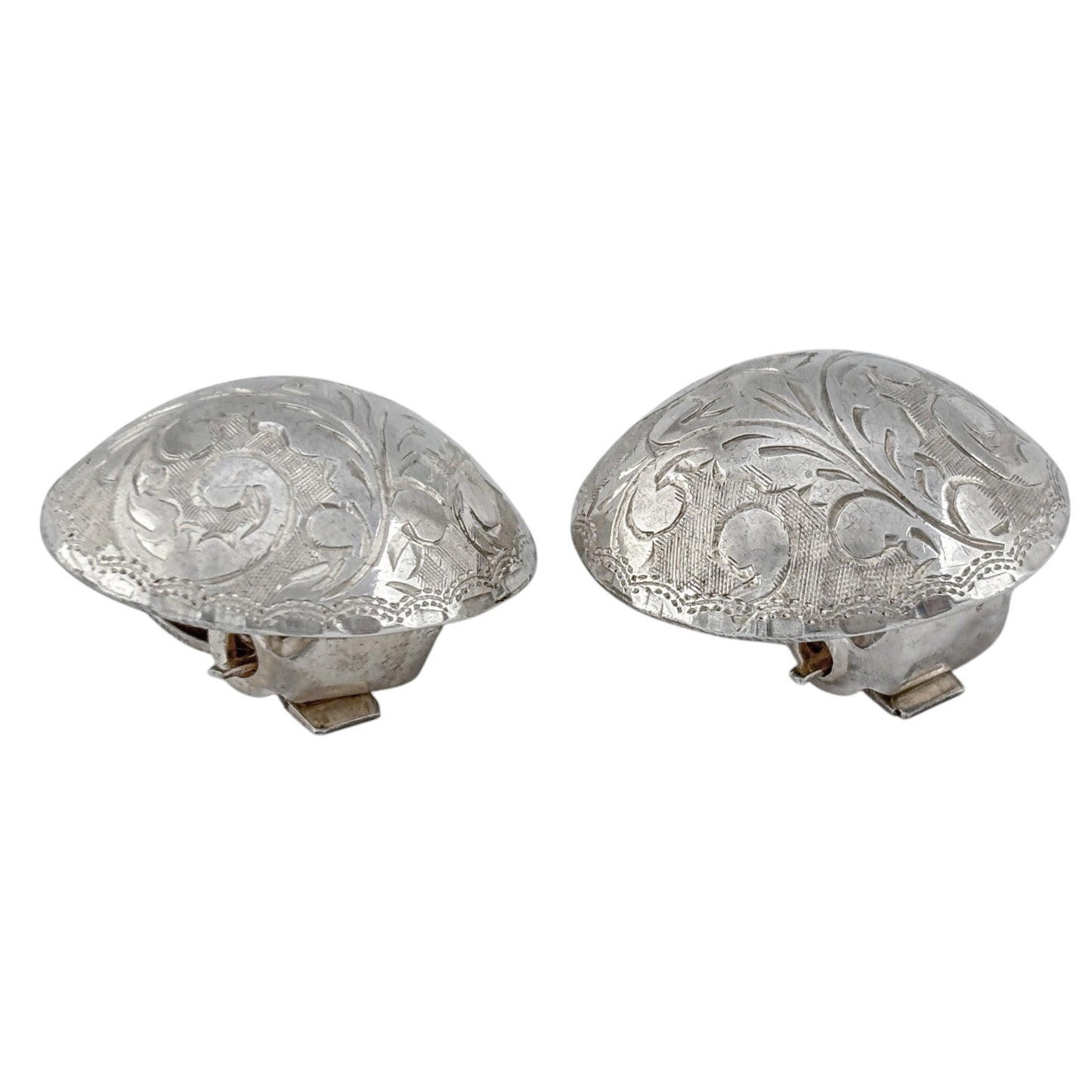 Vintage Sterling Silver 925 Floral Etched Clip On Earrings