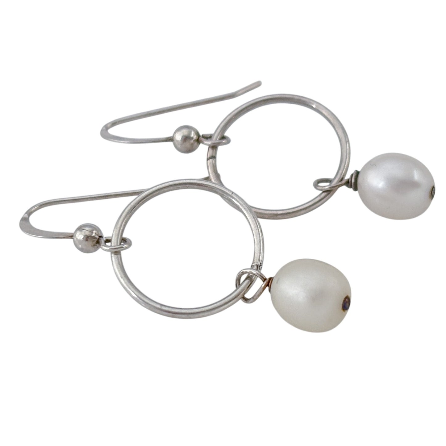 Vintage Sterling Silver 925 White Pearl Hoop Dangle Earrings