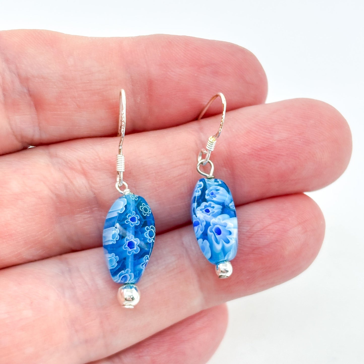 Estate Sterling Silver 925 Blue Millefiori Glass Bead Earrings
