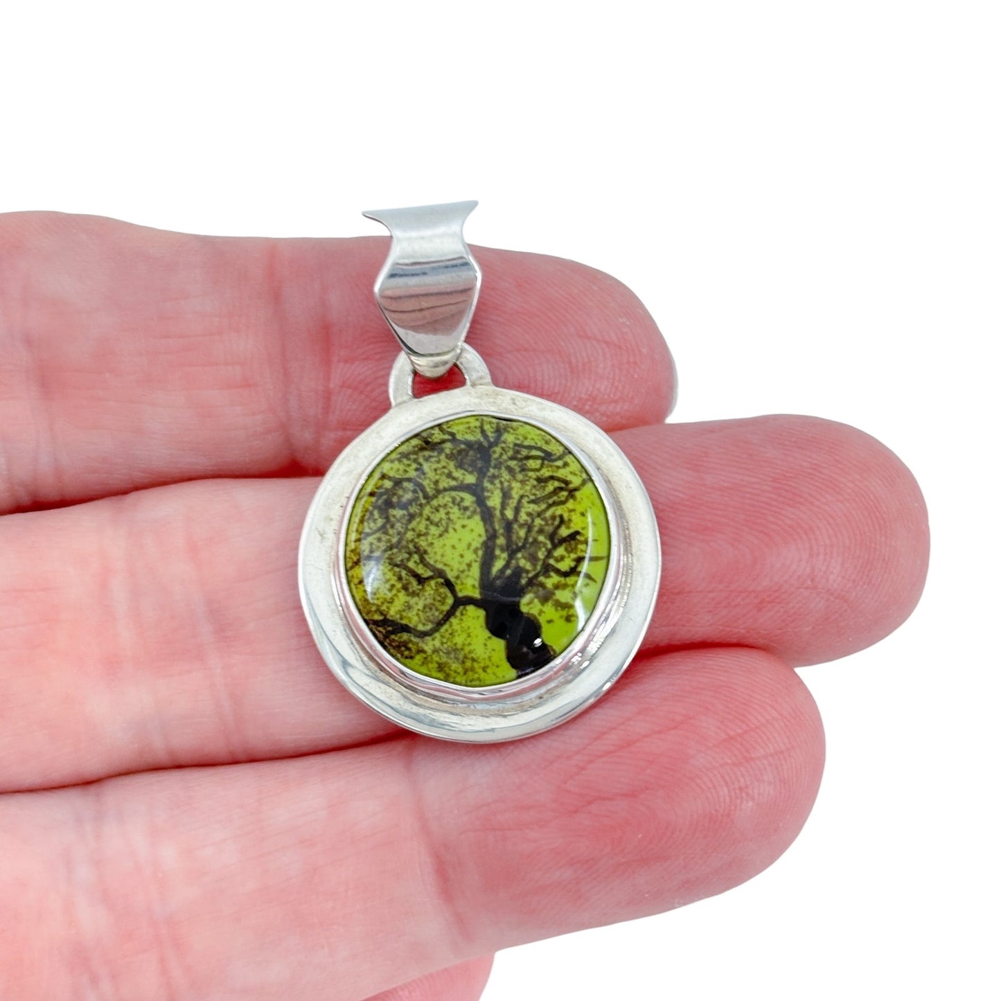 Vintage Sterling Silver 925 Green Fused Glass Tree Pendant