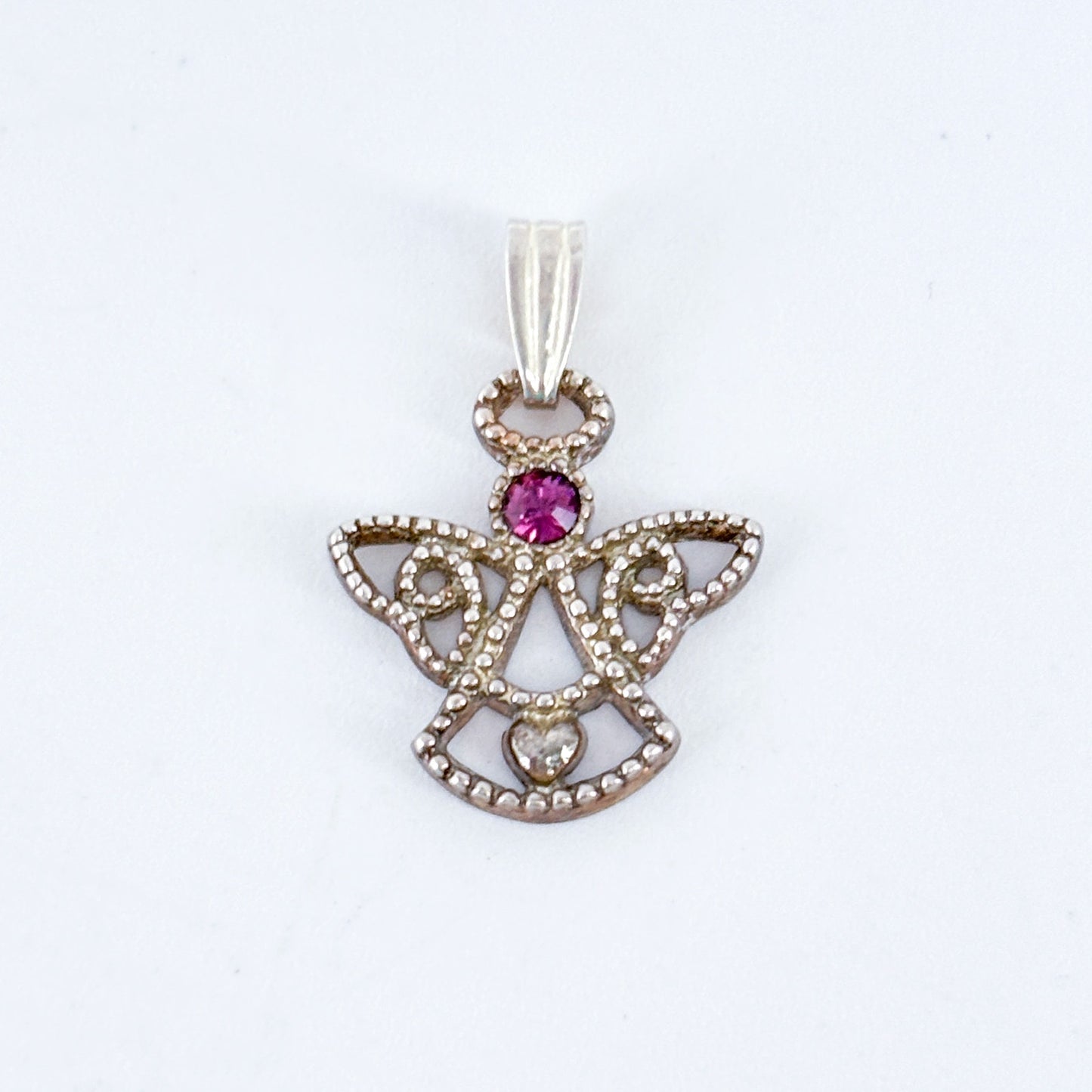 Vintage Sterling Silver 925 Pink Cubic Zirconia Angel Charm Pendant