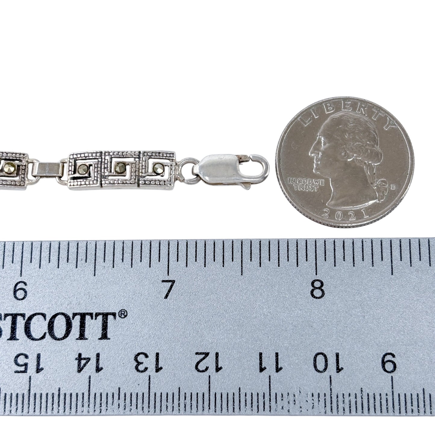 Estate Sterling Silver 925 Marcasite Greek Key Bracelet 7.5"
