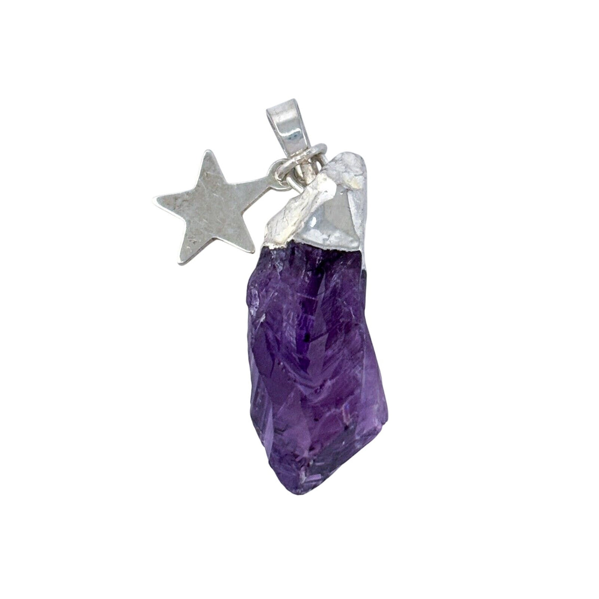 Vintage Silver-Tone Star Charm Amethyst Raw Crystal Pendant