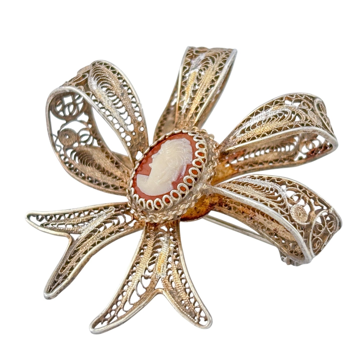 Vintage Vermeil Over Sterling Silver 800 Shell Cameo Filigree Bow Brooch