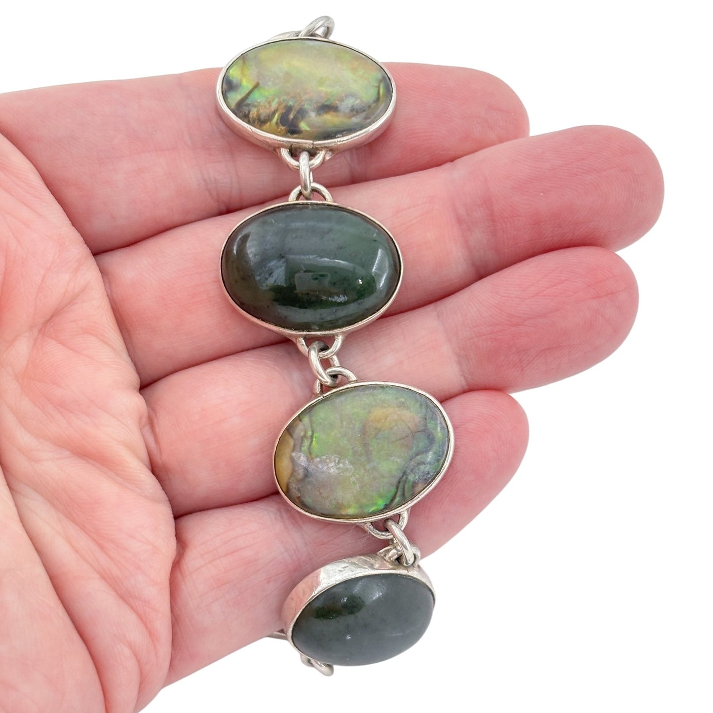 Vintage Sterling Silver 925 Abalone and Nephrite Link Bracelet 6-7"
