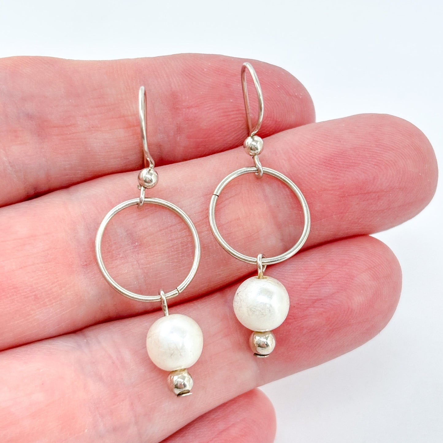 Estate Sterling Silver 925 White Pearl Hoop Earrings