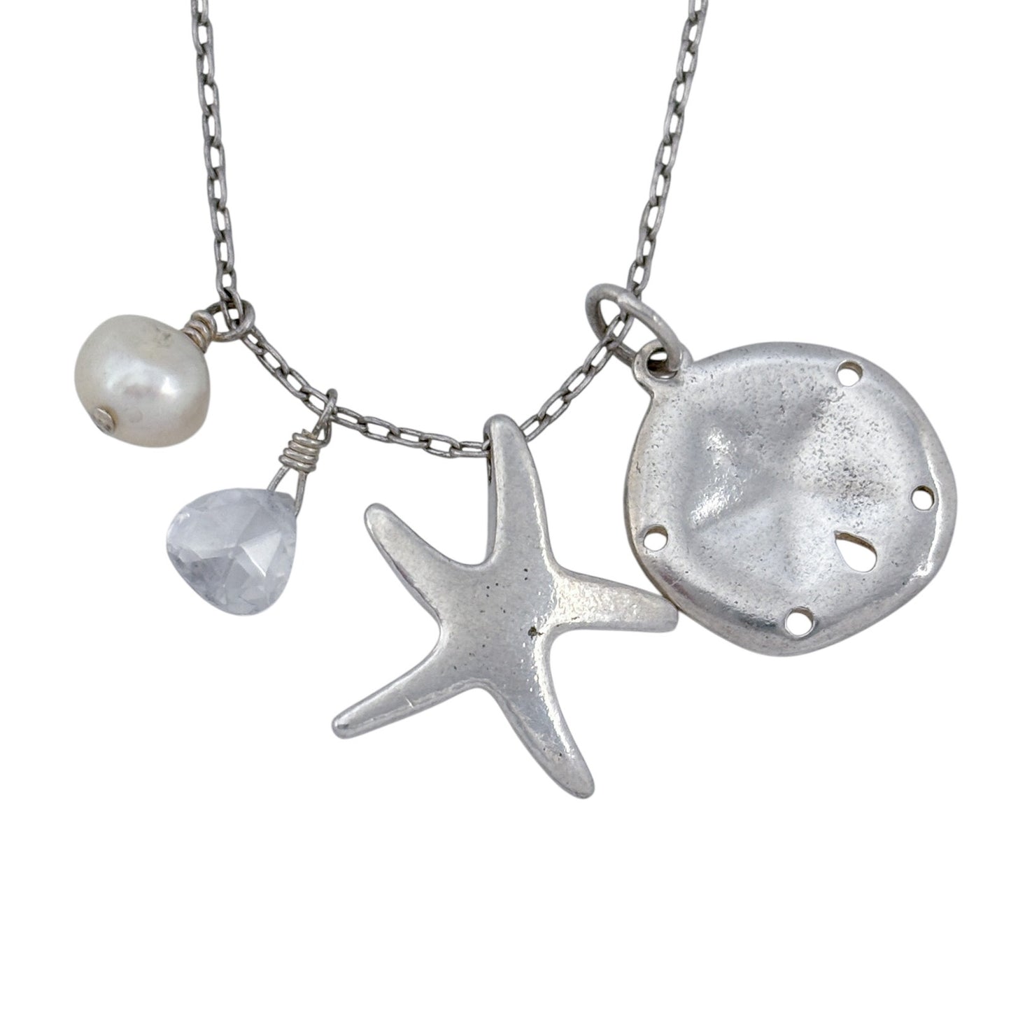 Vintage Sterling Silver 925 Sand Dollar Starfish Pearl Necklace 17.5"
