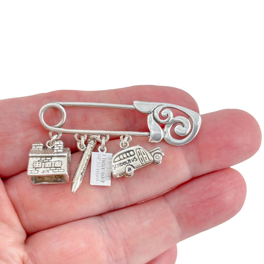 Vintage Sterling Silver 925 First Day School Charm Safety Pin Brooch