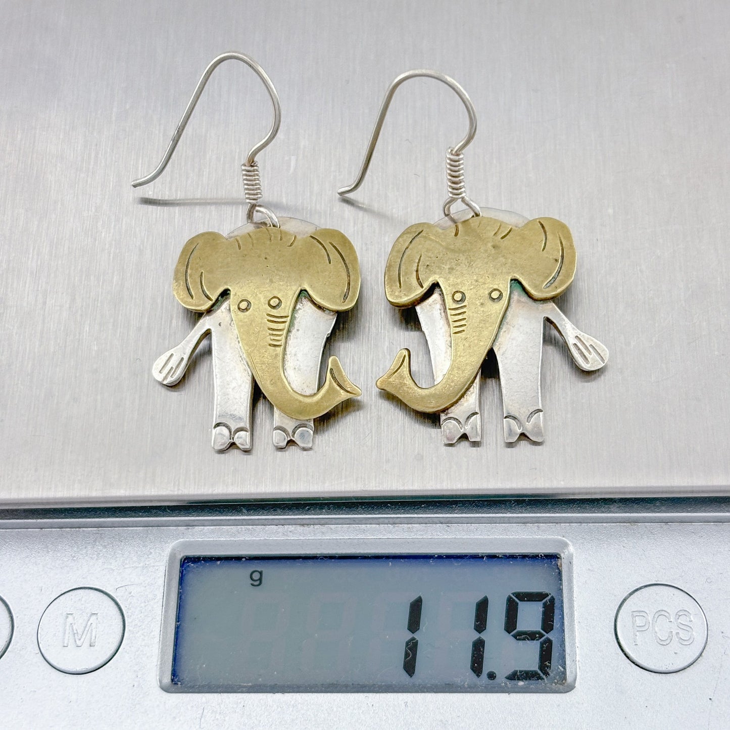Vintage Mexico Taxco Sterling Silver 925 Brass Elephant Dangle Earrings