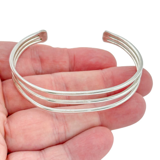 Vintage Sterling Silver 925 Triple Band Cuff Bracelet 7.25"