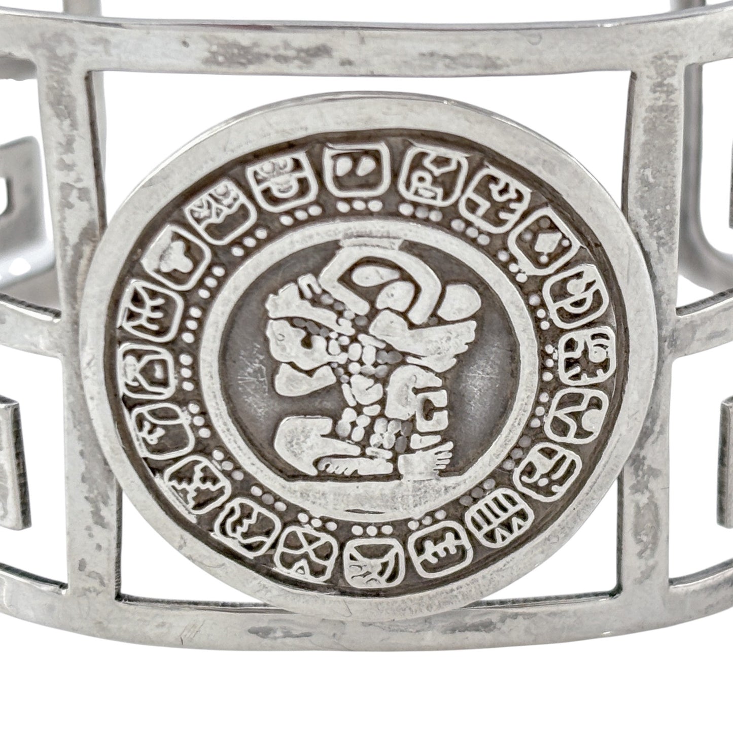Vintage Mexico Sterling Silver 925 Aztec Mayan Medallion Cuff Bracelet 7.5"