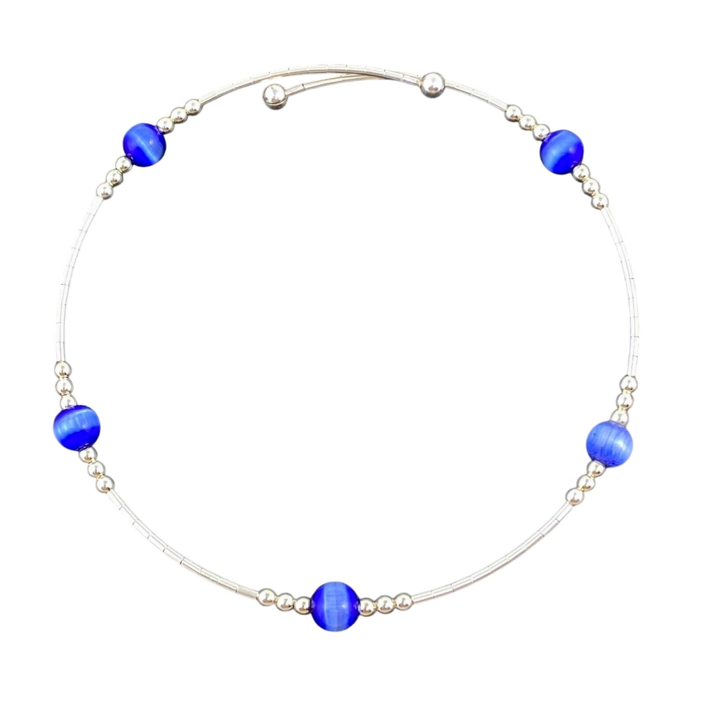 Vintage Sterling Silver 925 Blue Cat’s Eye Memory Wire Bracelet 7.5"