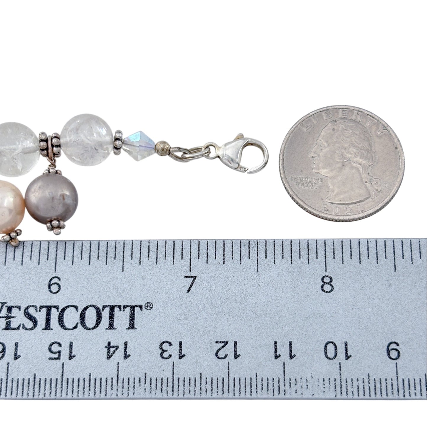 Vintage Sterling Silver 925 Quartz Imitation Pearl Bracelet 7.5"
