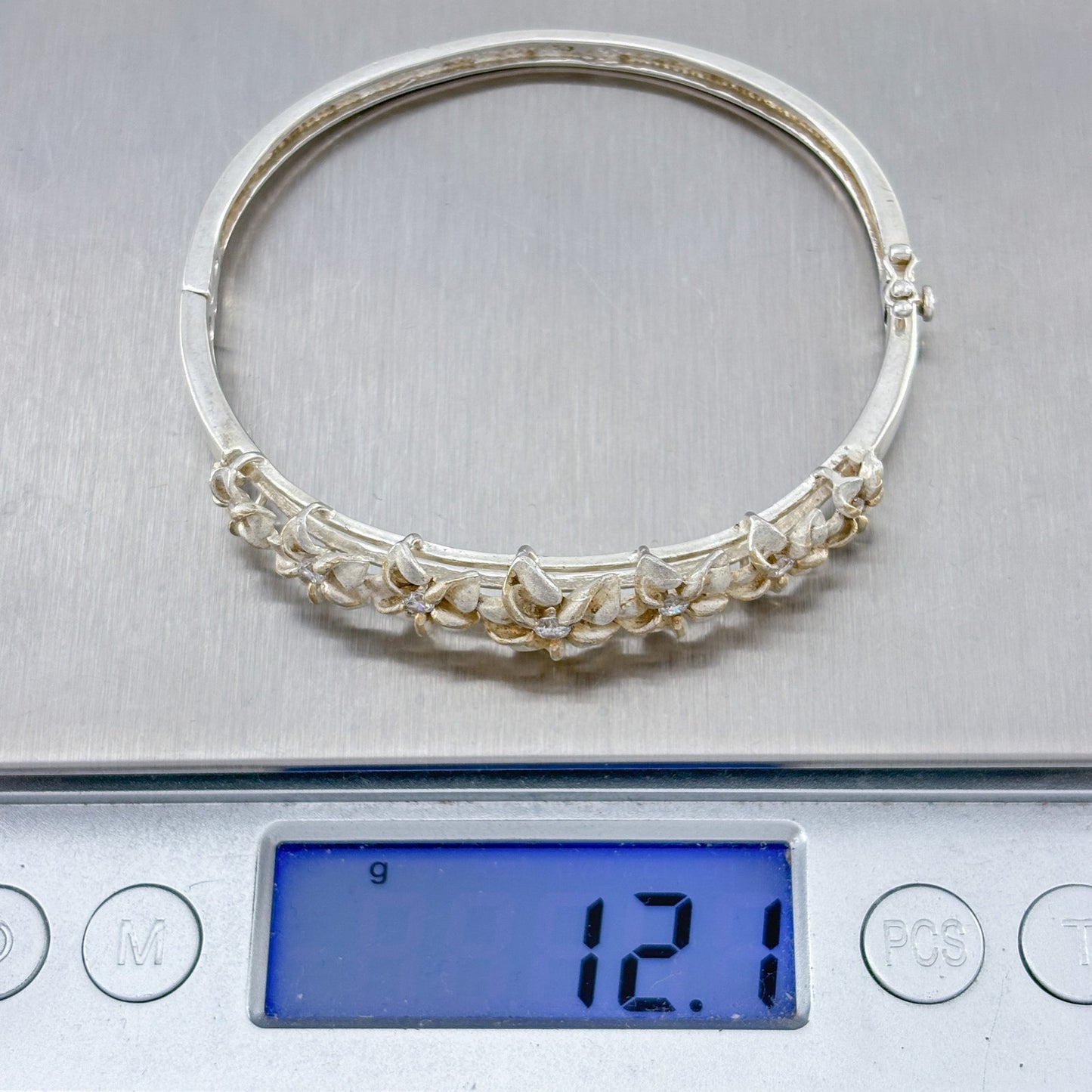 Vintage Sterling Silver 925 Cubic Zirconia Plumeria Bangle 6.75"