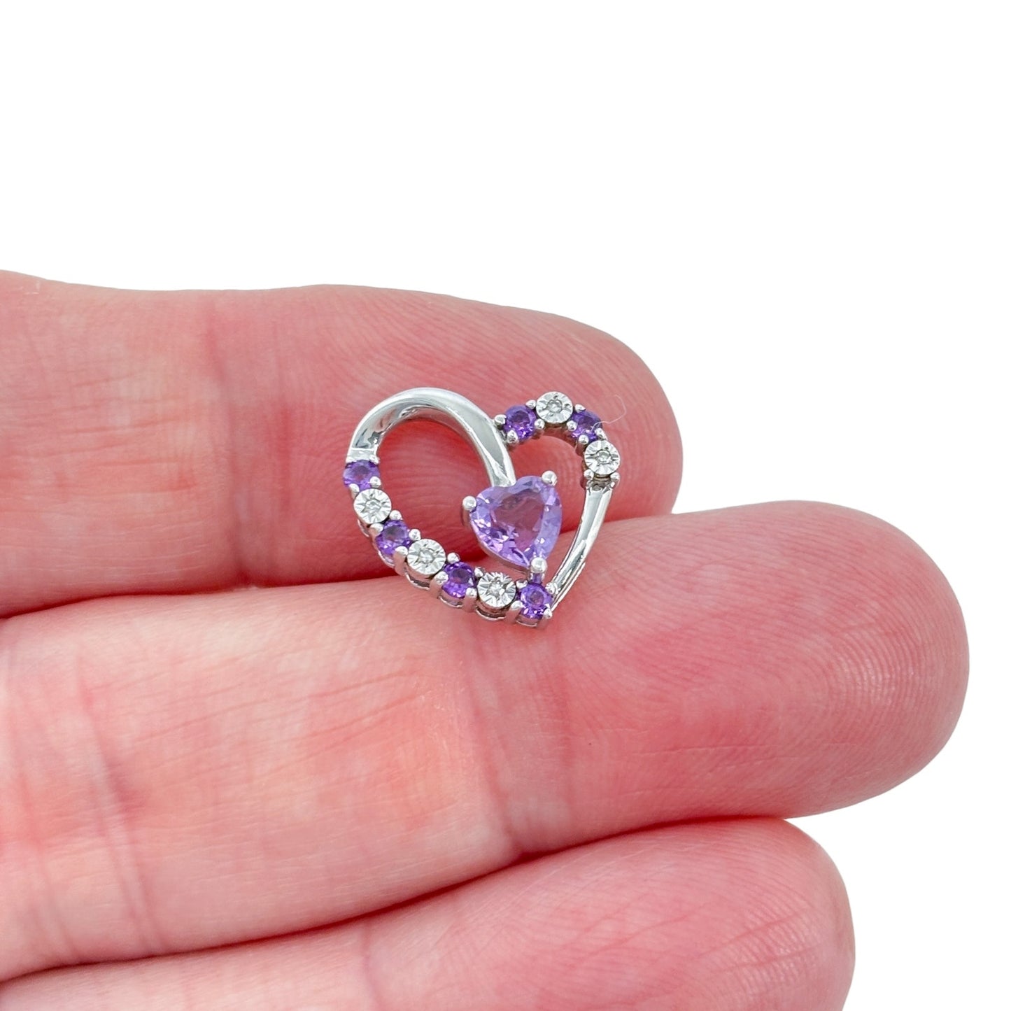 Vintage Sterling Silver 925 Amethyst Diamond Heart Pendant