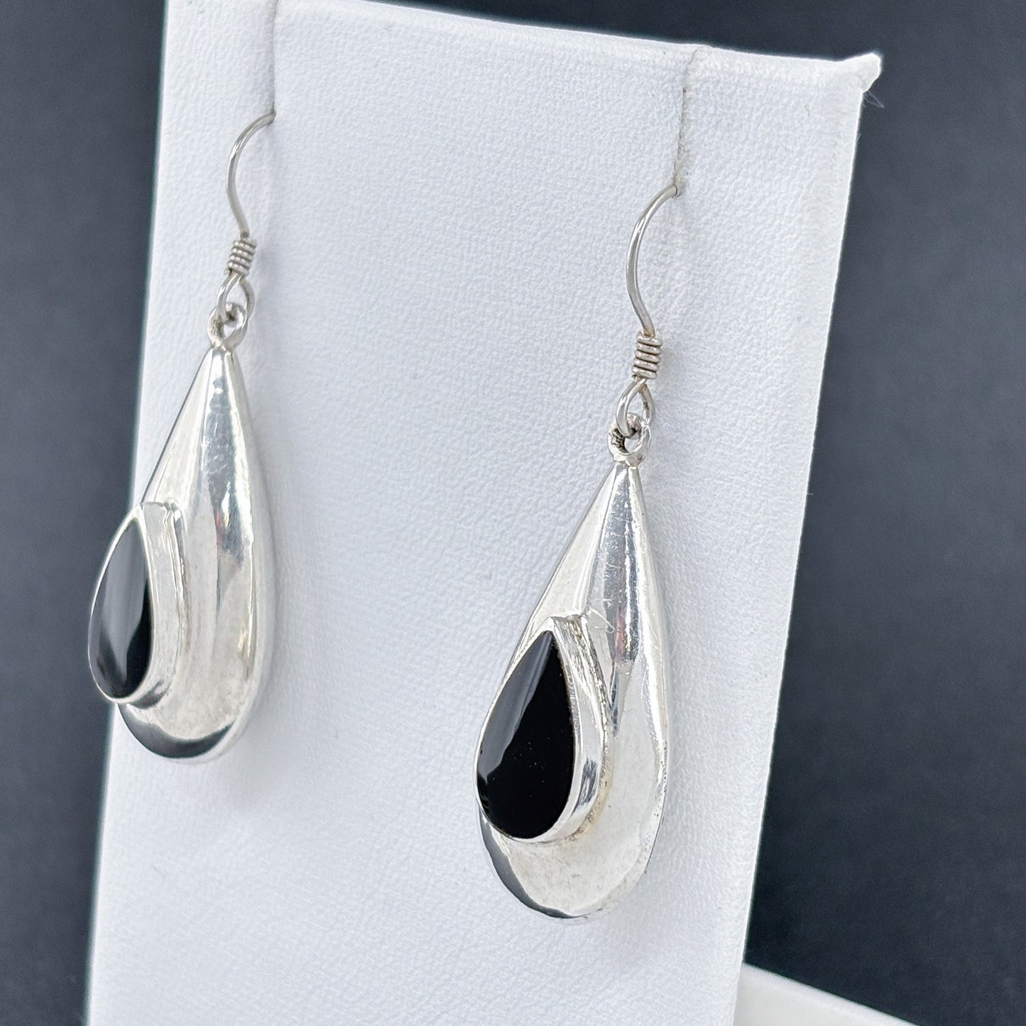 Estate Sterling Silver 925 Black Onyx Teardrop Earrings