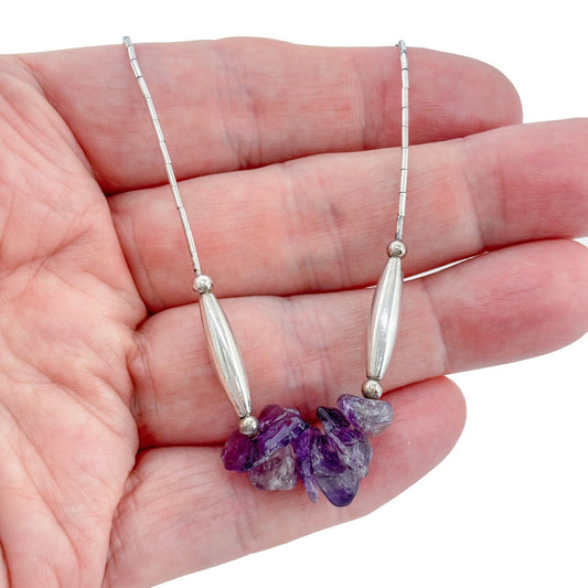 Vintage Sterling Silver 925 Liquid Silver Amethyst Necklace 17"