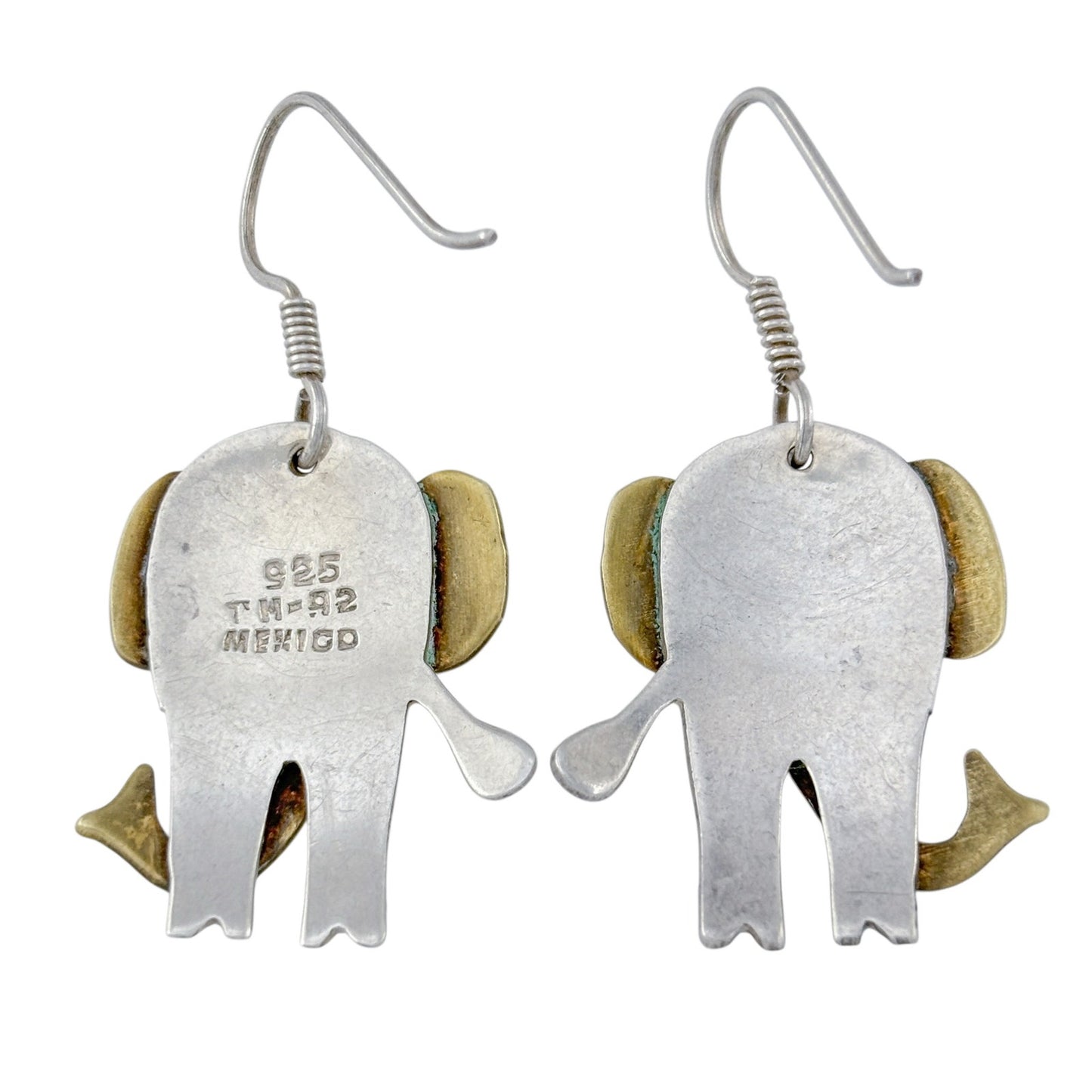 Vintage Mexico Taxco Sterling Silver 925 Brass Elephant Dangle Earrings