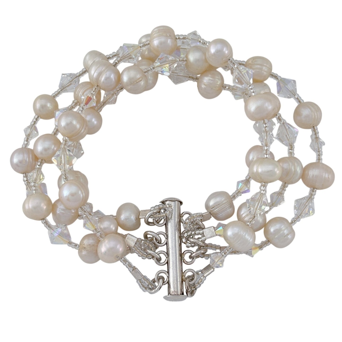 Vintage Sterling Silver 925 Pearl Crystal Bracelet 7.25"