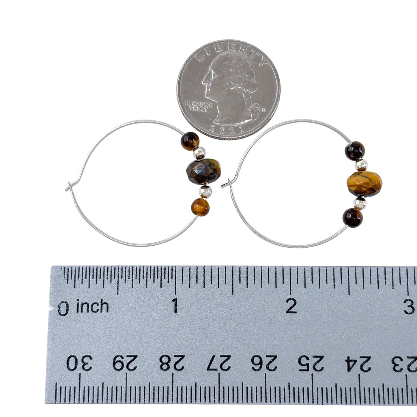 Estate Sterling Silver 925 Tiger's Eye Beaded Hoop Earrings