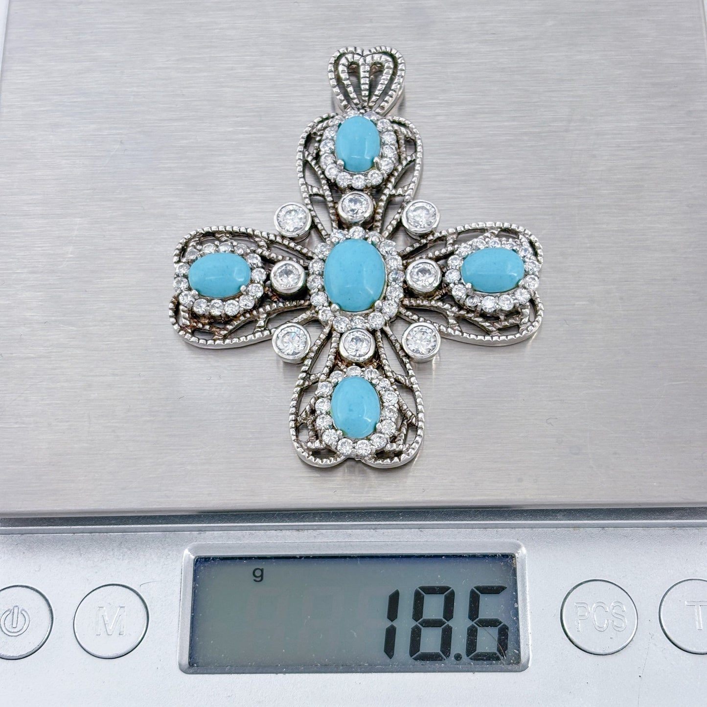 Vintage Sterling Silver 925 Turquoise Cubic Zirconia Cross Pendant