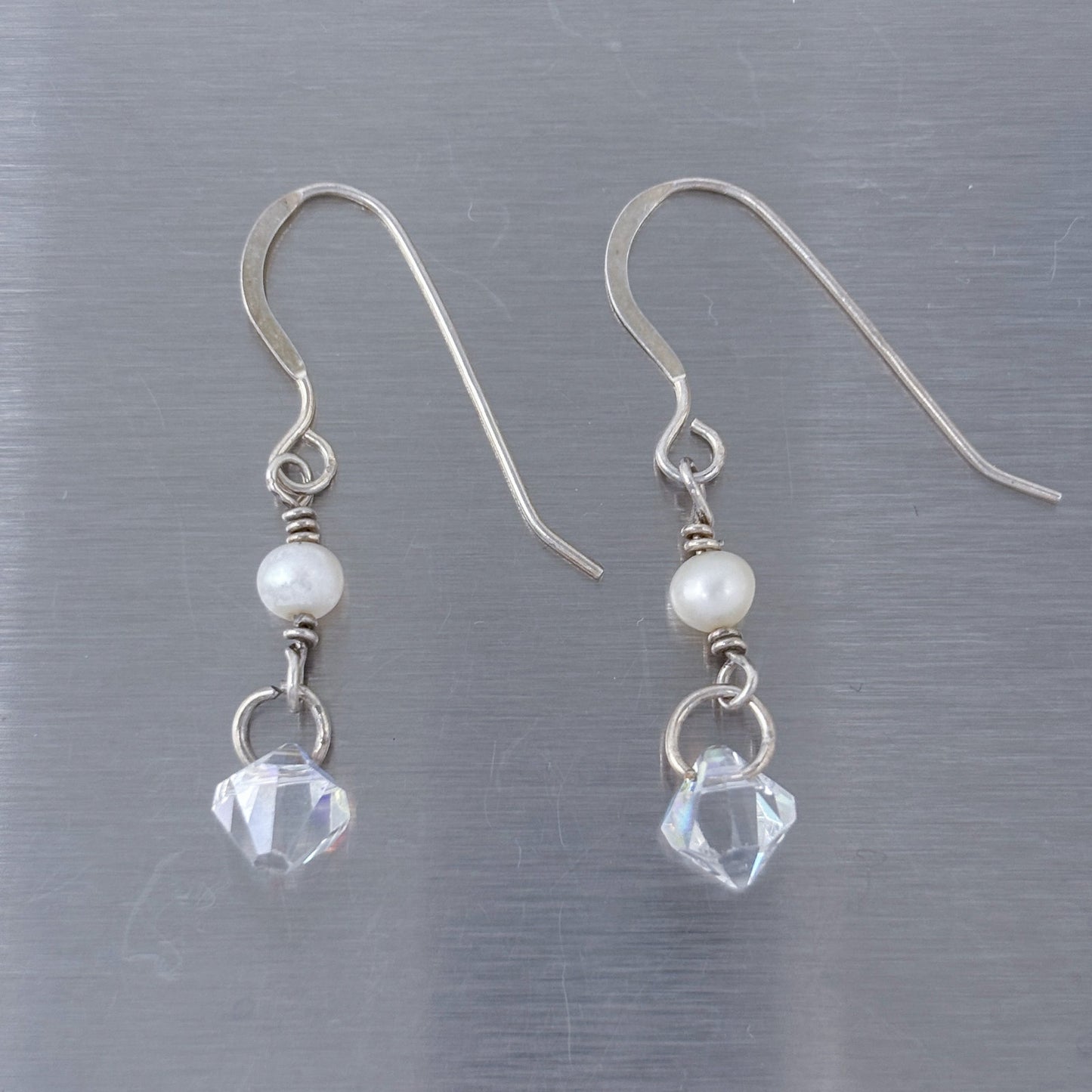 Estate Sterling Silver 925 Pearl Crystal Dangle Earrings