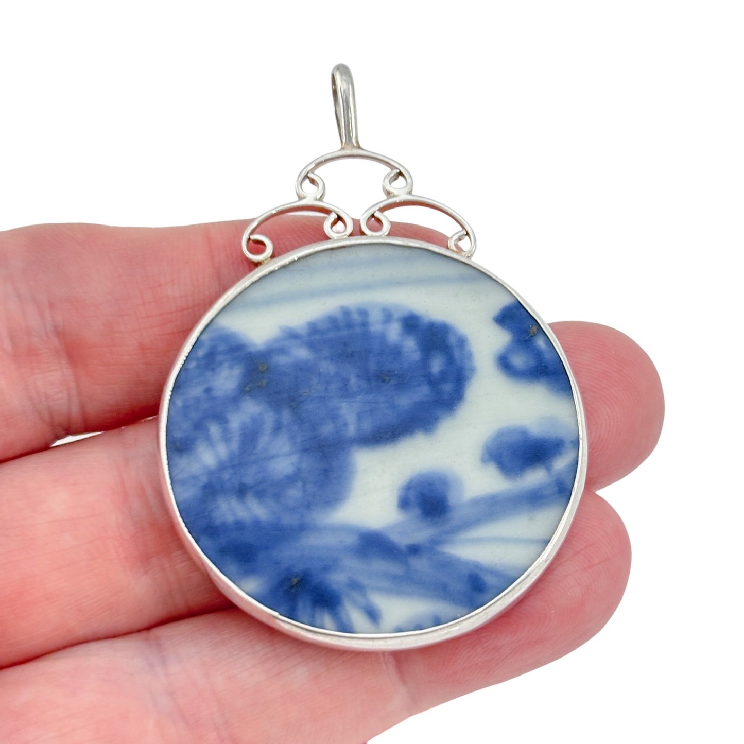 Vintage Sterling Silver 925 Blue White Porcelain Pendant