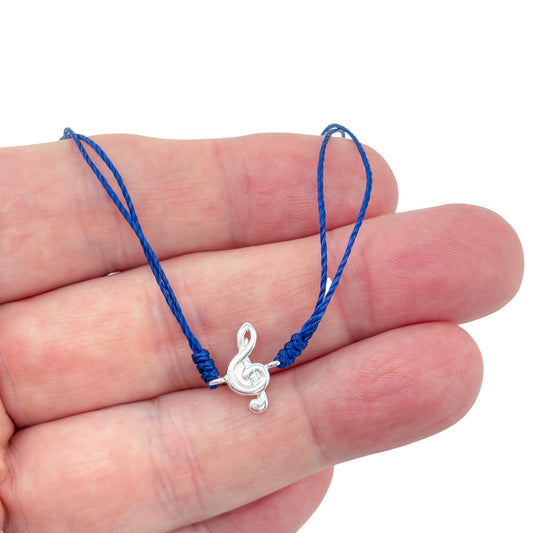 Adjustable Blue Cord Sterling Silver 925 Treble Clef Bracelet