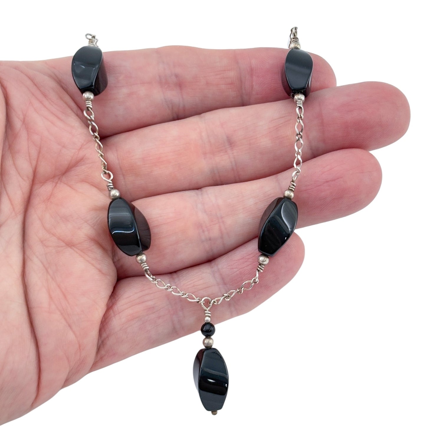 Vintage Sterling Silver Black Onyx Bead Necklace 18"