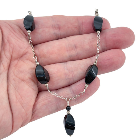 Vintage Sterling Silver Black Onyx Bead Necklace 18"