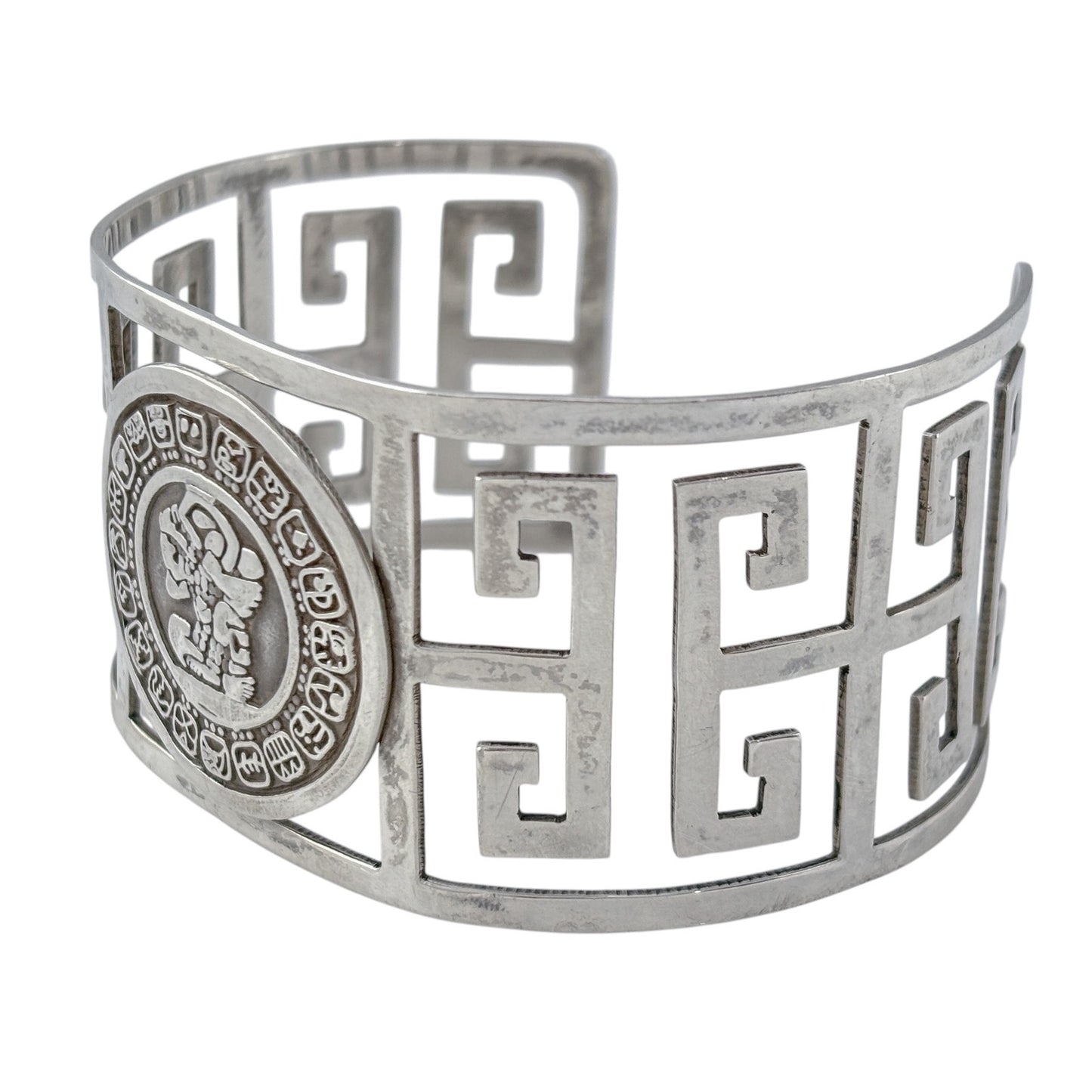 Vintage Mexico Sterling Silver 925 Aztec Mayan Medallion Cuff Bracelet 7.5"