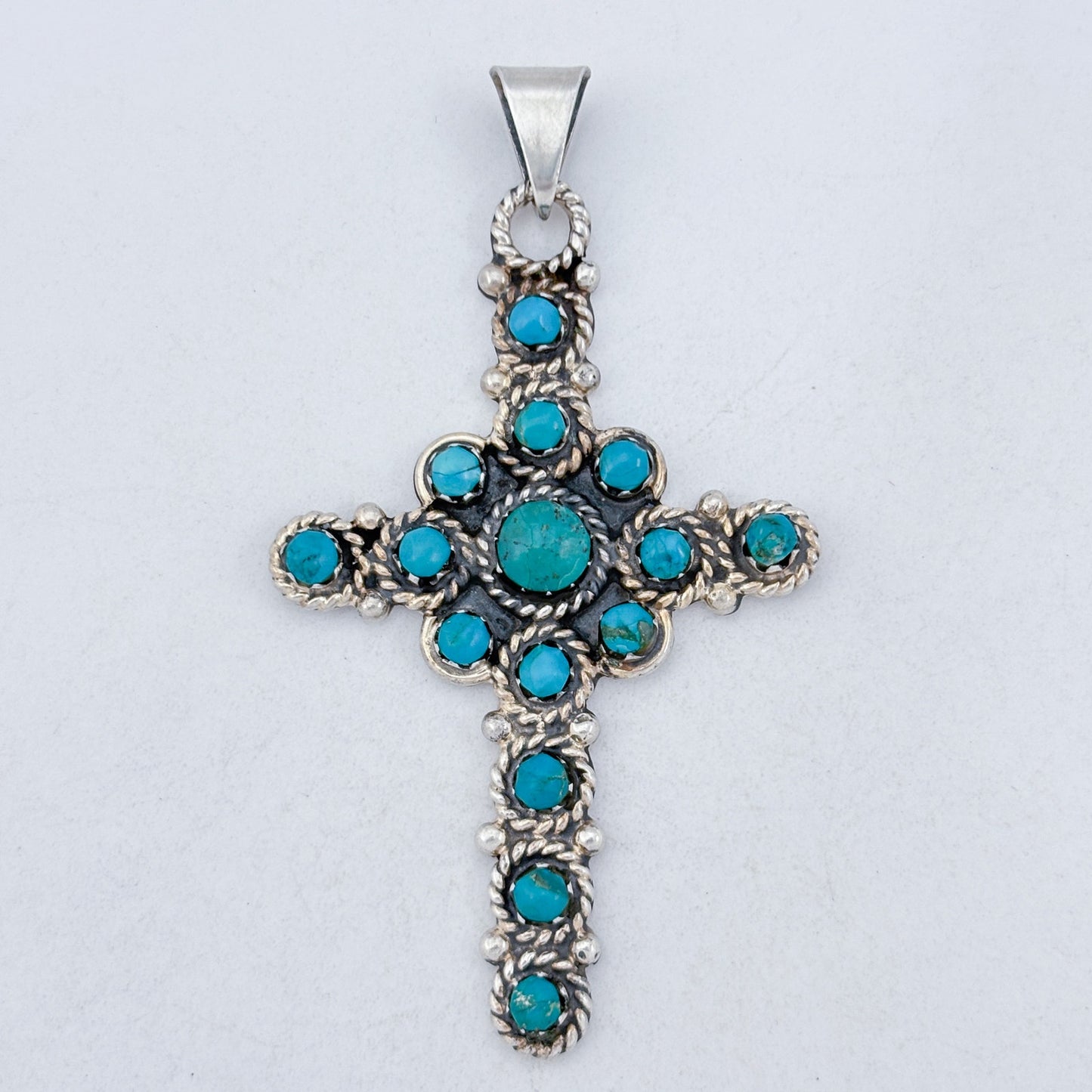 Vintage Mexican Taxco Sterling Silver 925 Turquoise Cross Pendant