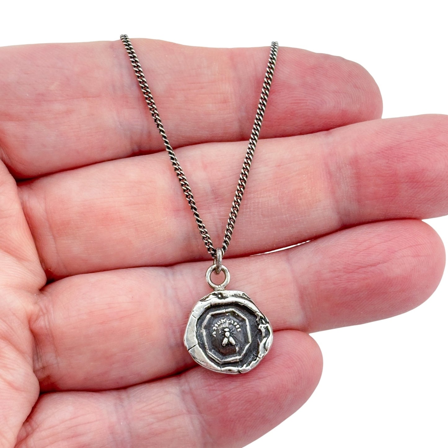 Vintage Pyrrha Sterling Silver 925 Wax Seal "Friend" Bee Talisman Necklace 18"