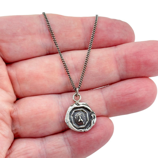 Vintage Pyrrha Sterling Silver 925 Wax Seal "Friend" Bee Talisman Necklace 18"