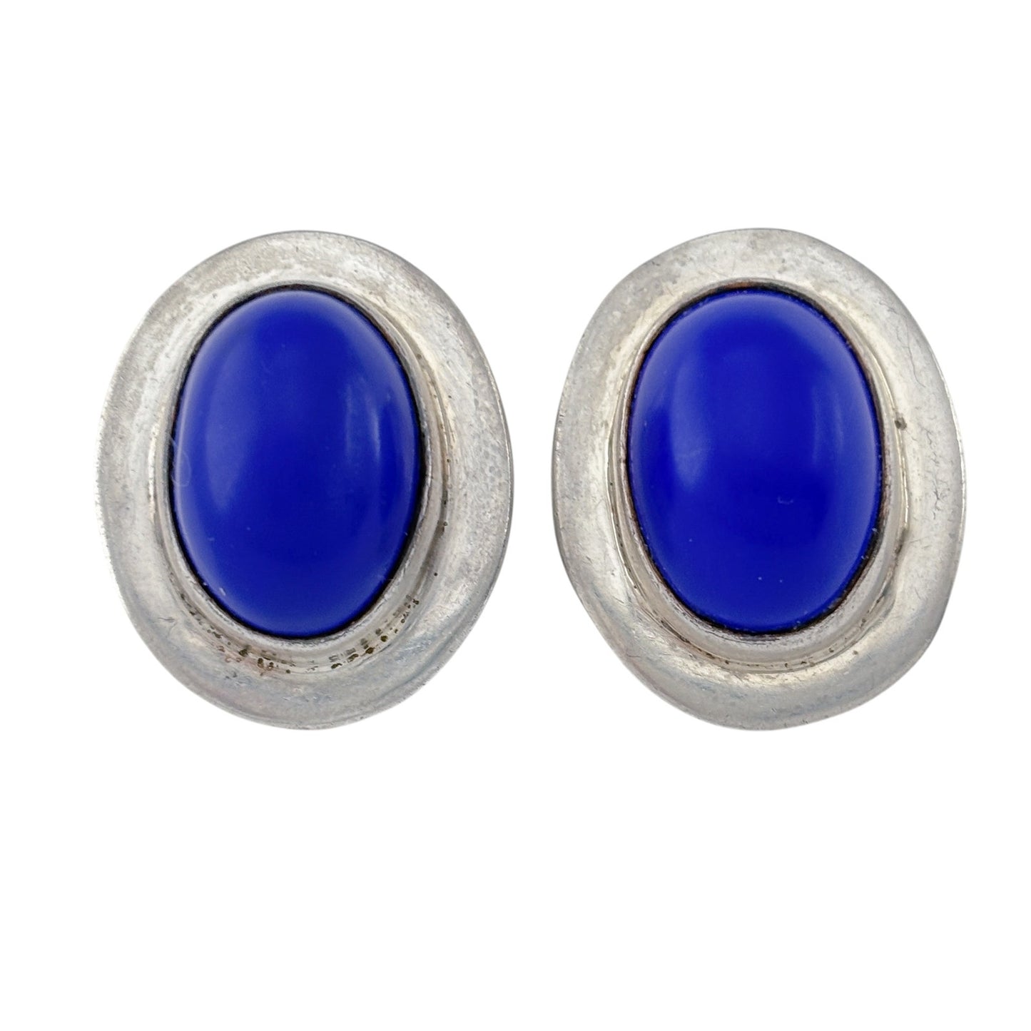 Vintage Mexican Taxco Sterling Silver 925 Blue Cabochon Clip On Earrings