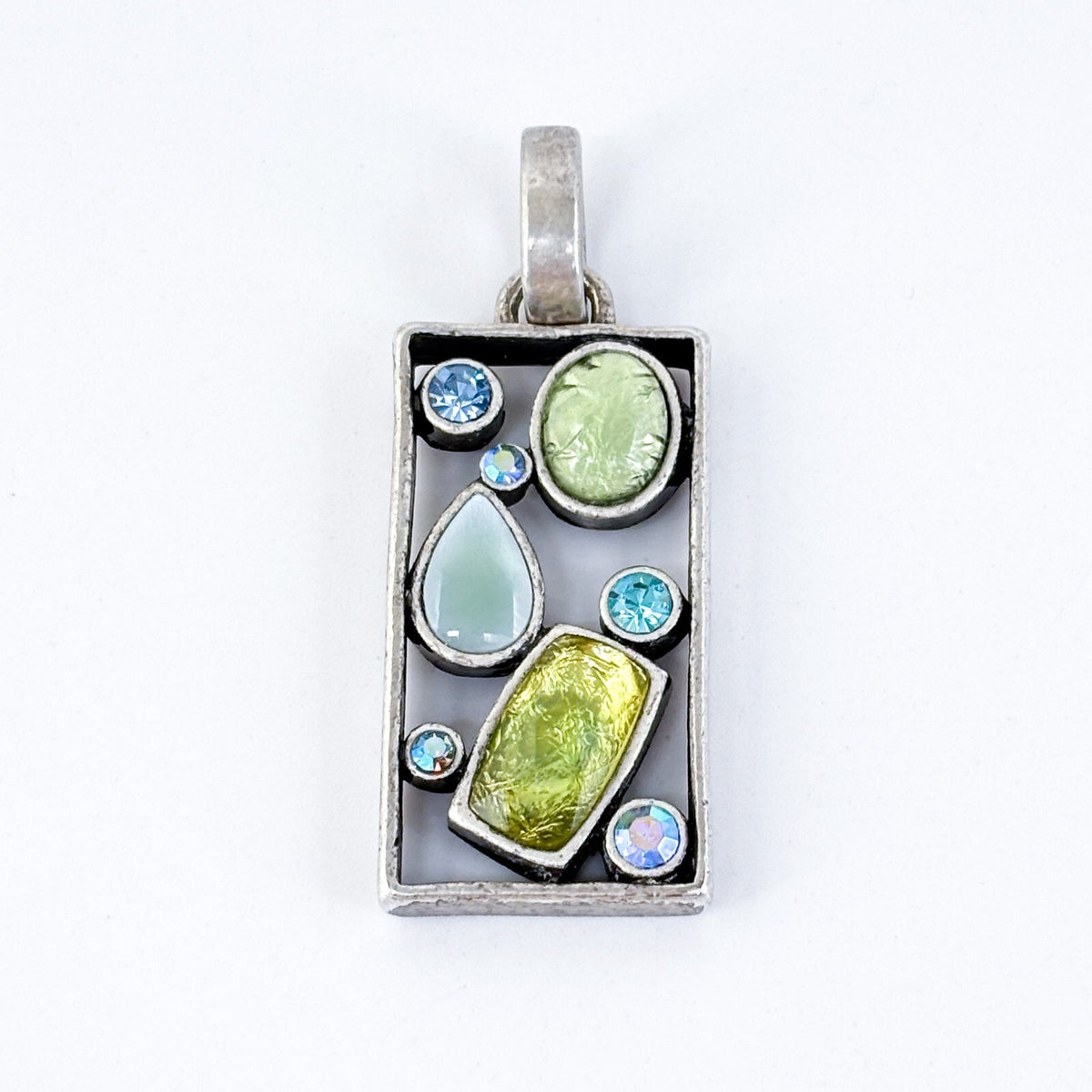 Vintage Silver Plate Blue Green Glass Crystal Rhinestone Modernist Pendant