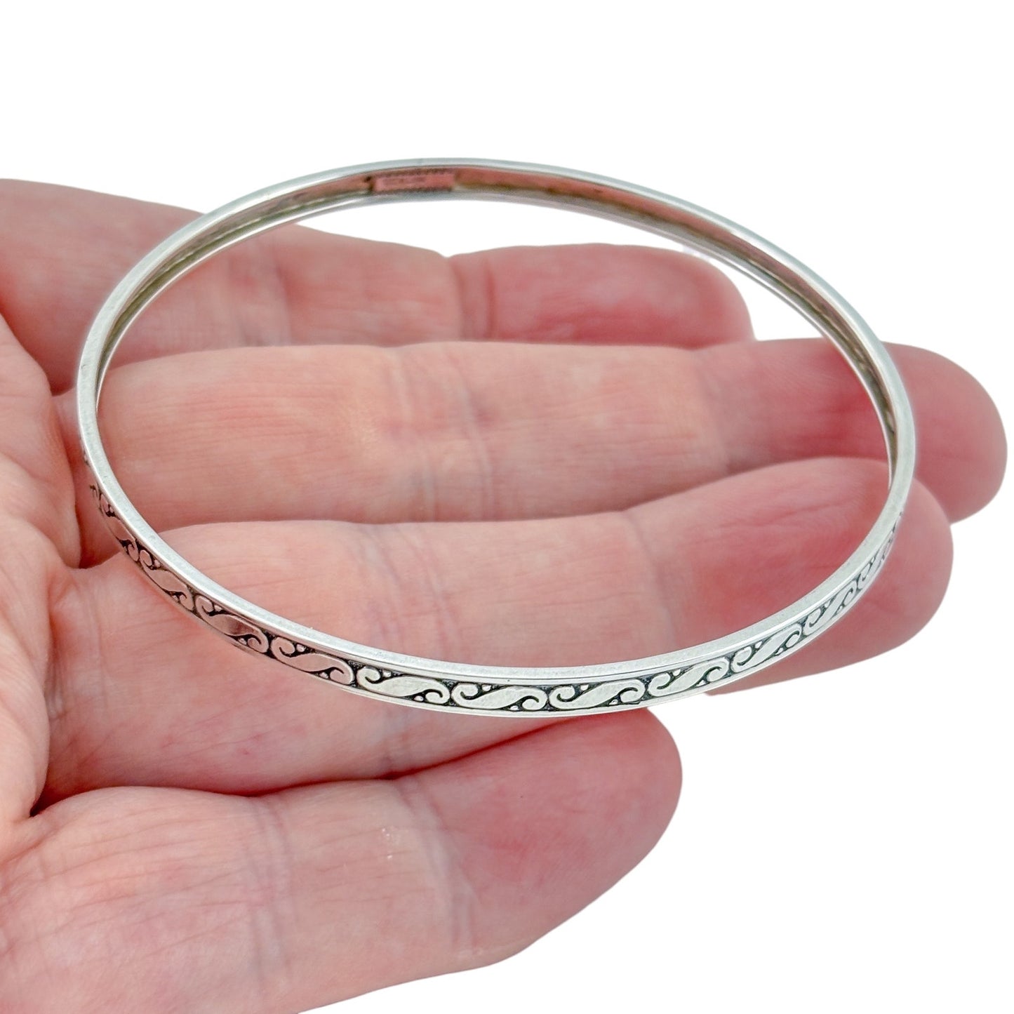Vintage Sterling Silver 925 Scroll Bangle Bracelet 8"
