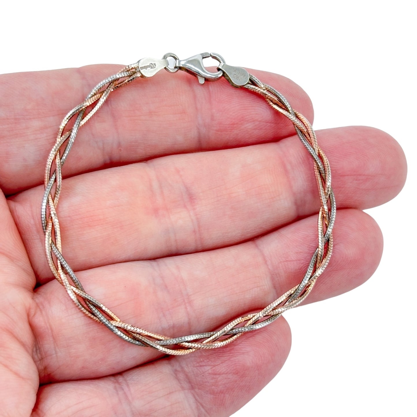 Estate Sterling Silver 925 Tri-Color Braided Bracelet 7"