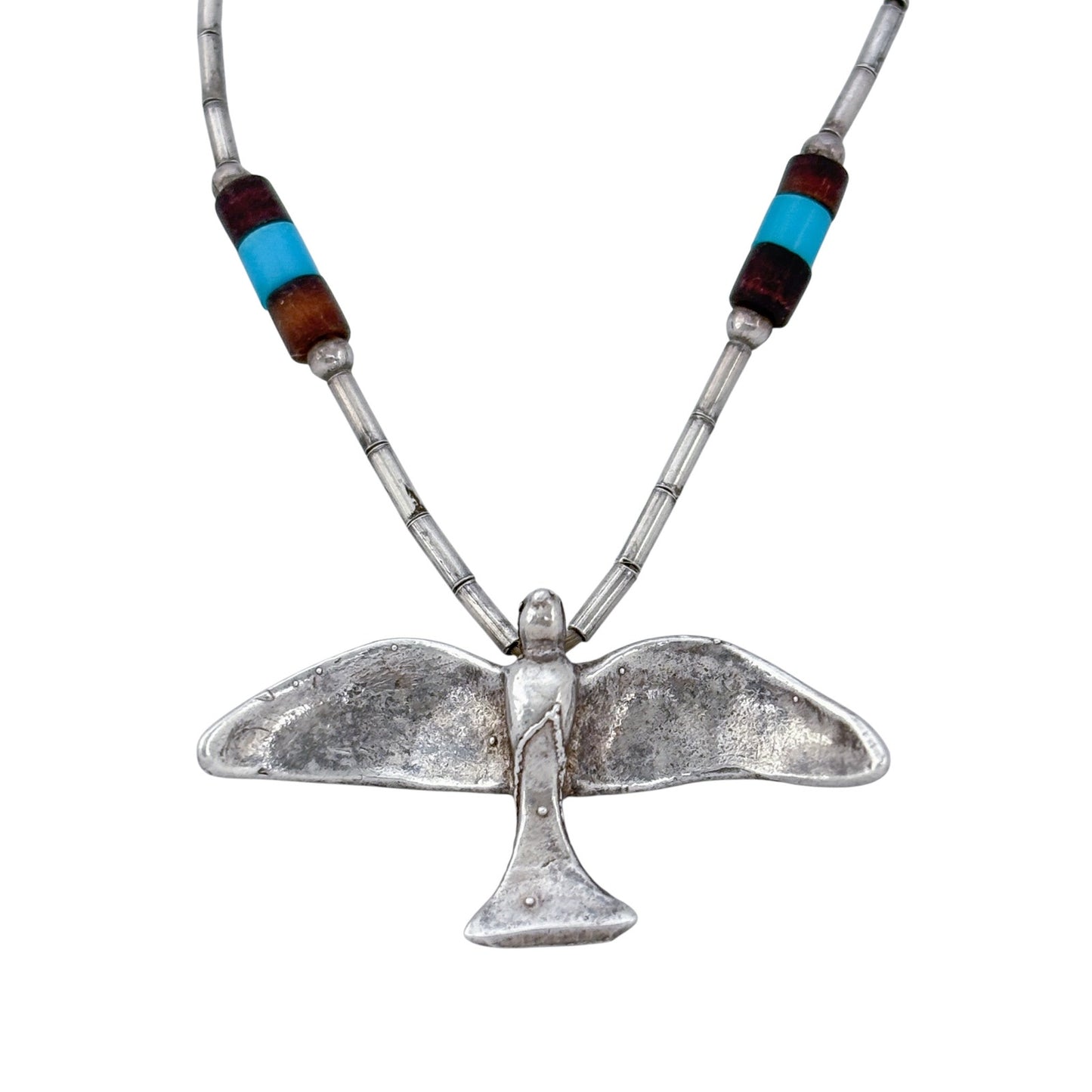 Vintage Sterling Liquid Silver 925 Turquoise Wood Bird Heishi Necklace 16.5"
