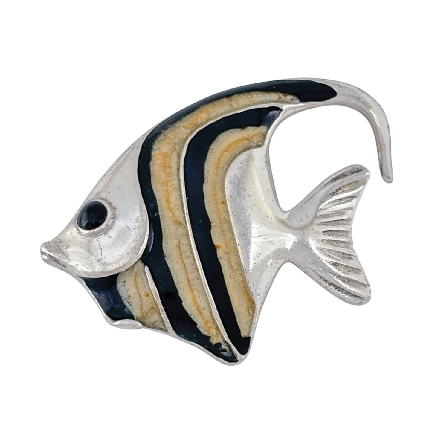 Vintage Sterling Silver 925 Enamel Fish Onyx Eye Brooch