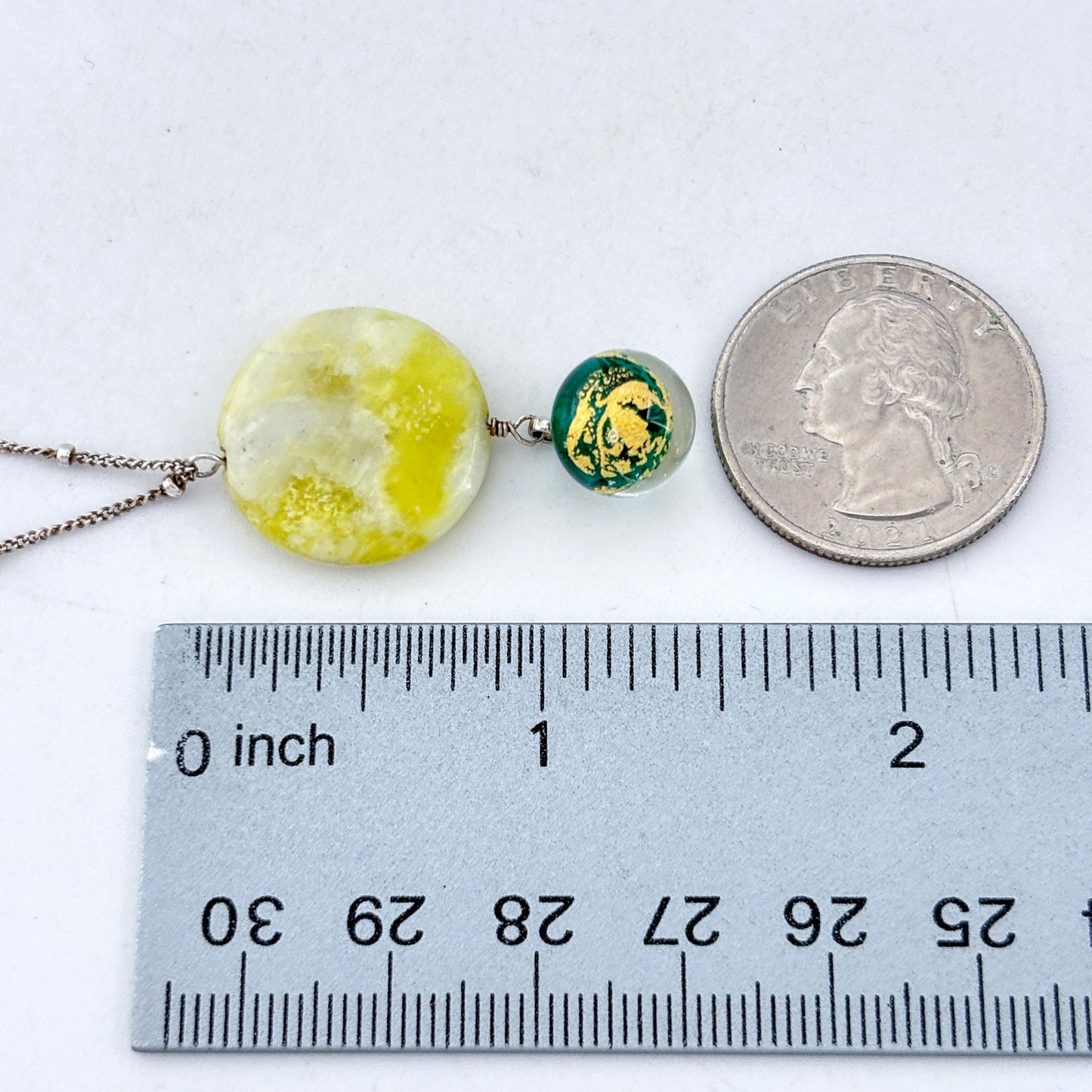Vintage Sterling Silver 925 Yellow Glass Green Marble Pendant Necklace 17.5"