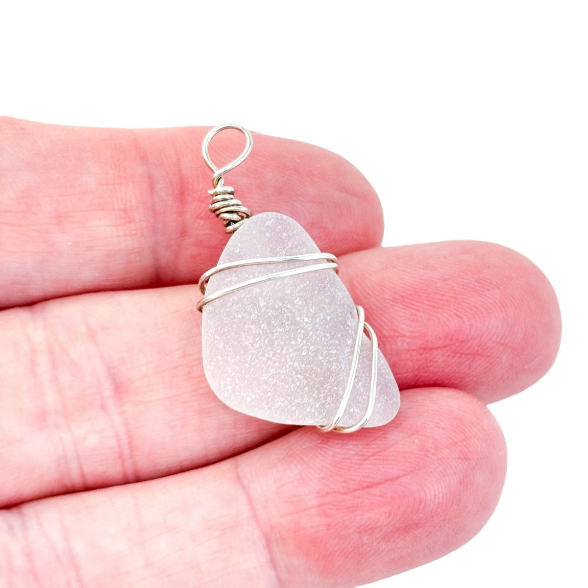 Vintage Silver Plated Frosted White Sea Glass Wire Wrapped Pendant