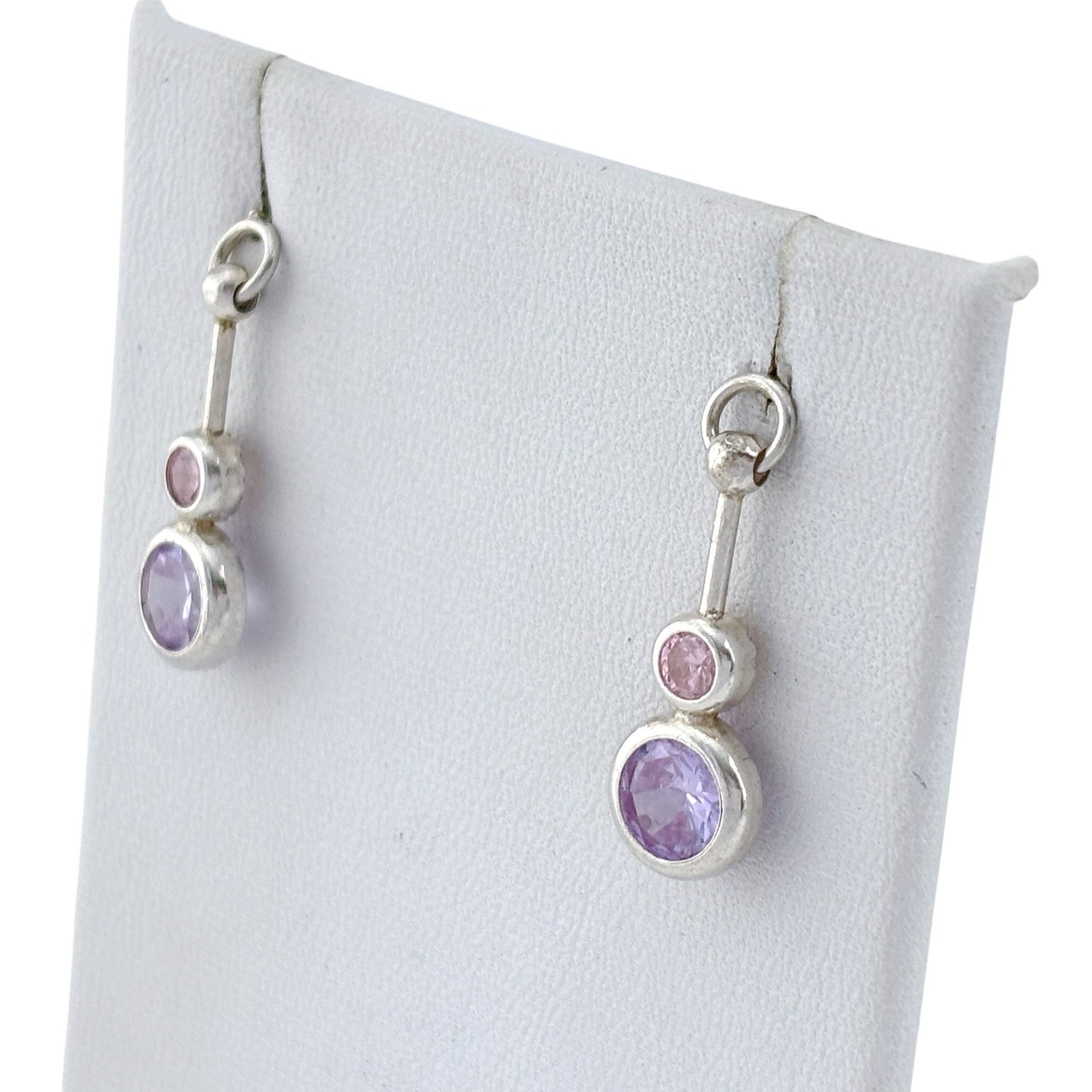 Vintage Sterling Silver 925 Purple Pink Crystal Dangle Earrings
