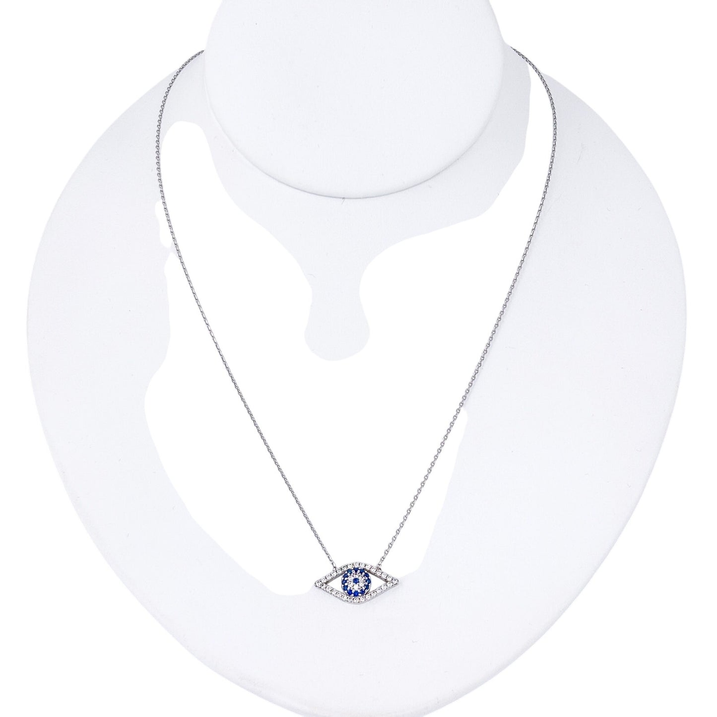 Vintage Sterling Silver 925 White Blue Crystal Evil Eye Necklace | 16"-18"